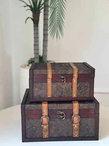 صندوق خشب تركي طقم قطعتين مستطيل مزخرف